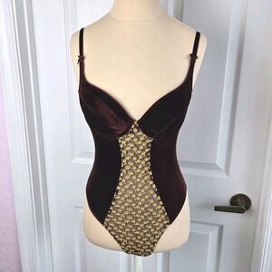 Victoria's Secret Vtg Bodysuit One Piece Size 34B Burgundy Velvet And Sheer Mesh